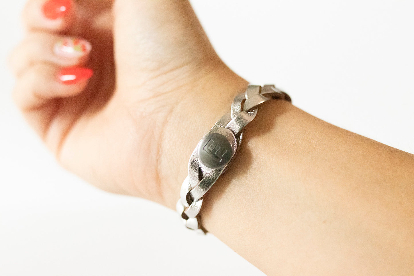 Braided Leather Bracelet / Metallic Silver