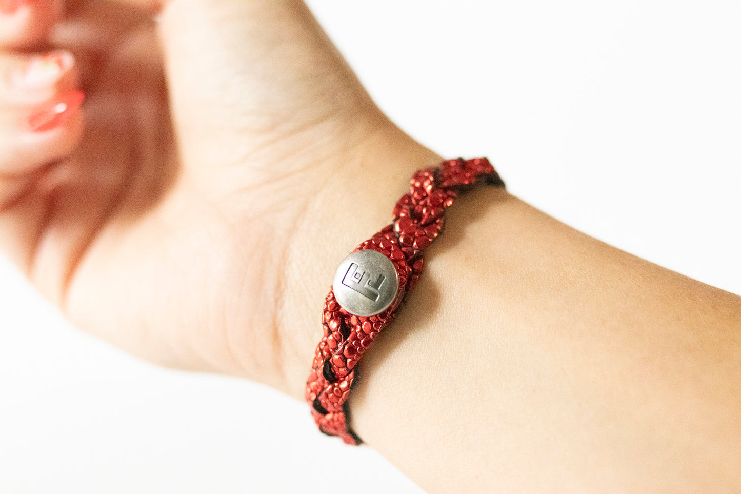 Braided Leather Bracelet / Red Dot Sparkle