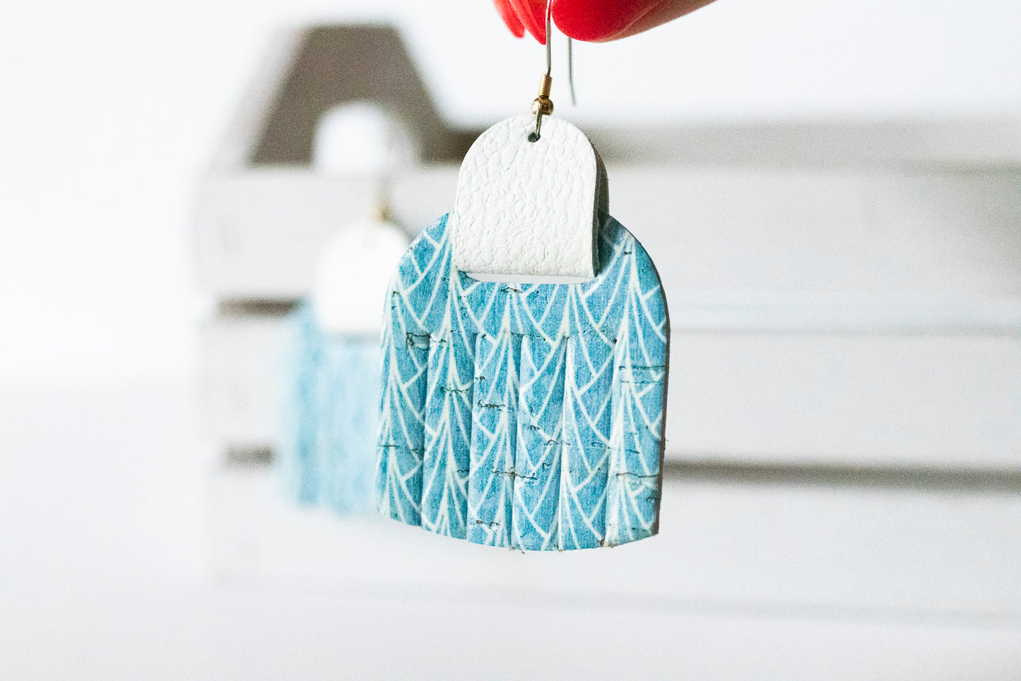 Leather Earrings / Fringies / Crashing Waves Cork & White