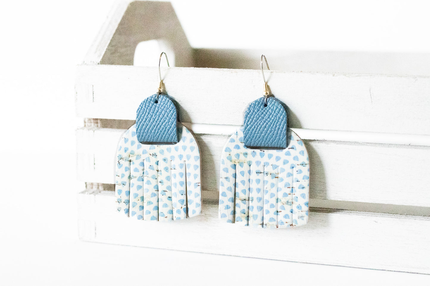 Leather Earrings / Fringies / Saltwater Breeze Cork & Powder Blue