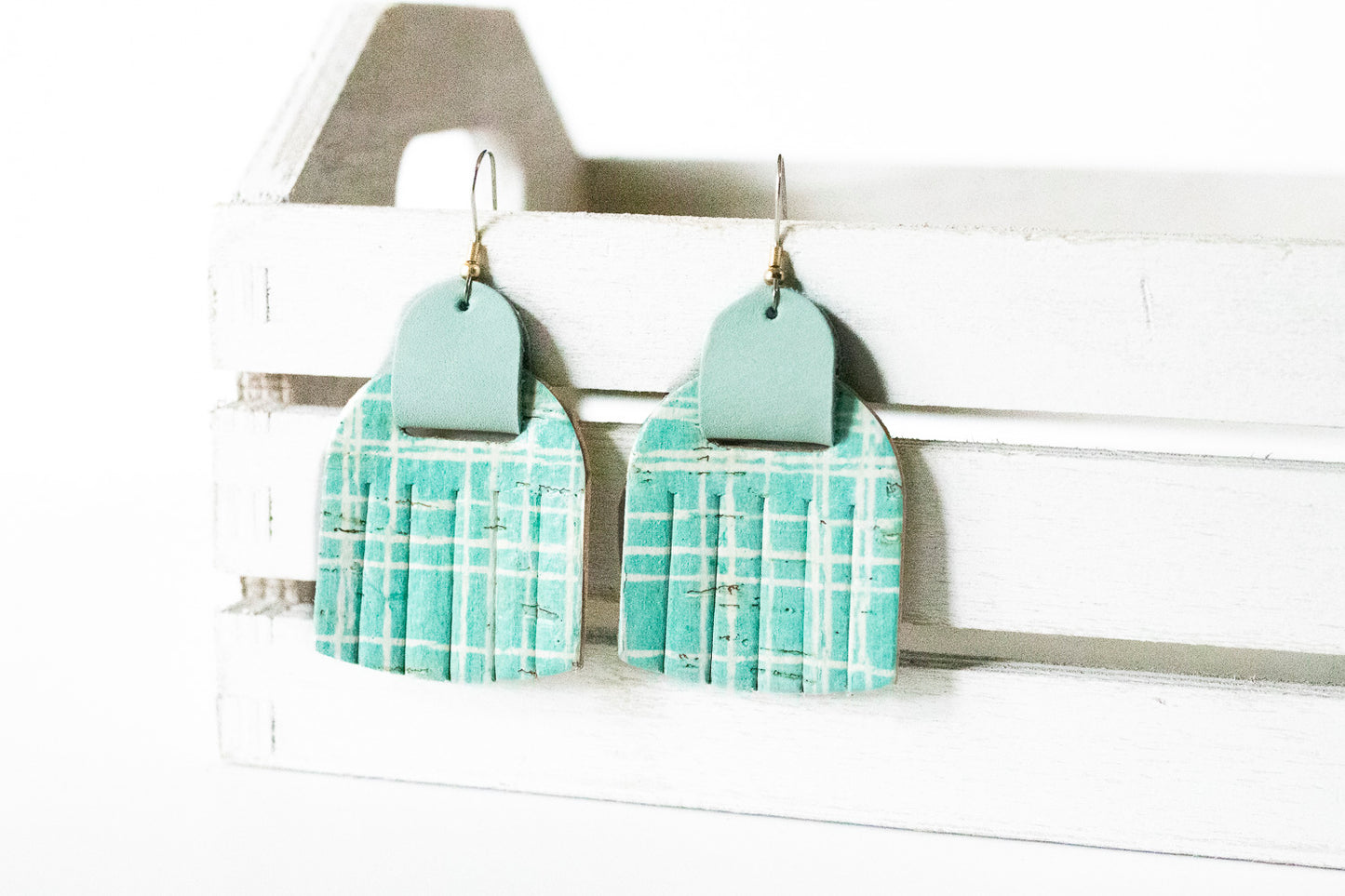 Leather Earrings / Fringies / Beach Boardwalk Cork & Cool Mint