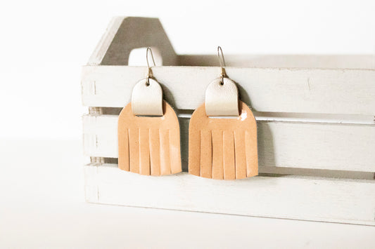 Leather Earrings / Fringies / Peach Orchard & Metallic Platinum