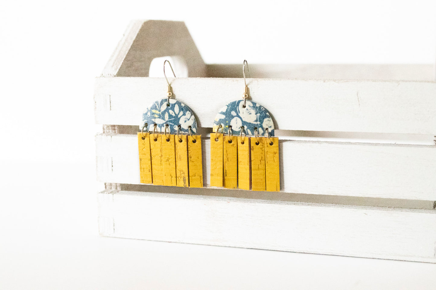 Leather Earrings / Cinque Luci / Navy Poppies Cork