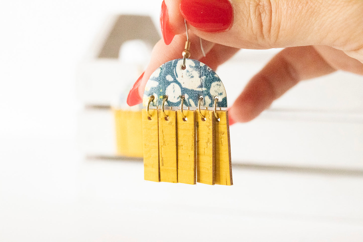 Leather Earrings / Cinque Luci / Navy Poppies Cork