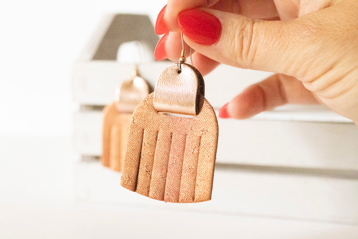 Leather Earrings / Fringies / Spiced Cider Cork & Metallic Rosegold