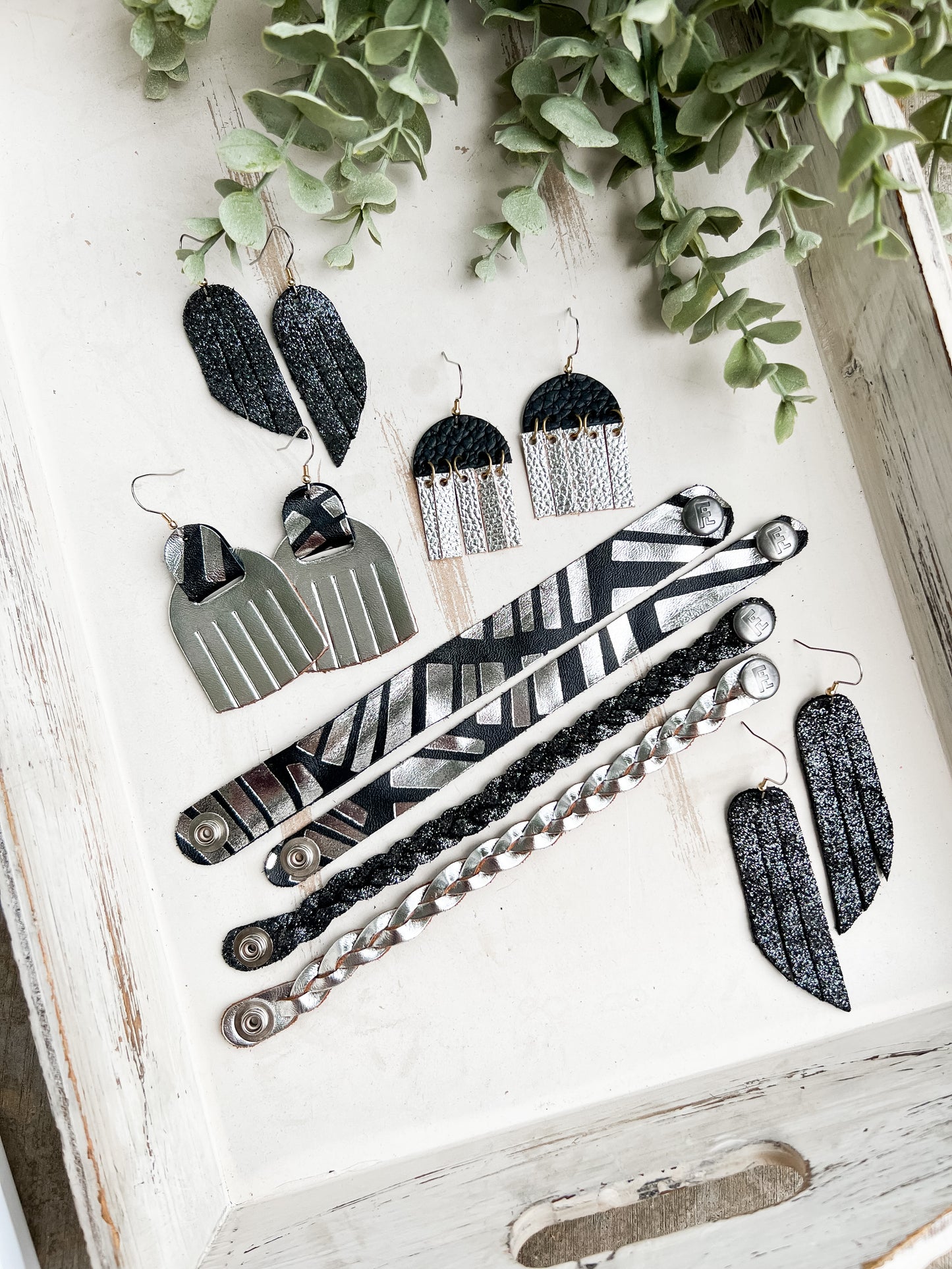 Leather Earrings / Fringies / Metallic Silver & Cosmos