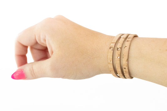 Leather Bracelet / Ultra Skinny Sliced Cuff / Rosegold Cork