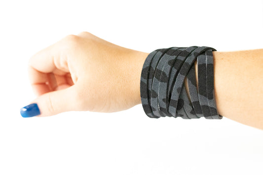 Leather Bracelet / Original Sliced Wrap Cuff / Black Leopard Suede