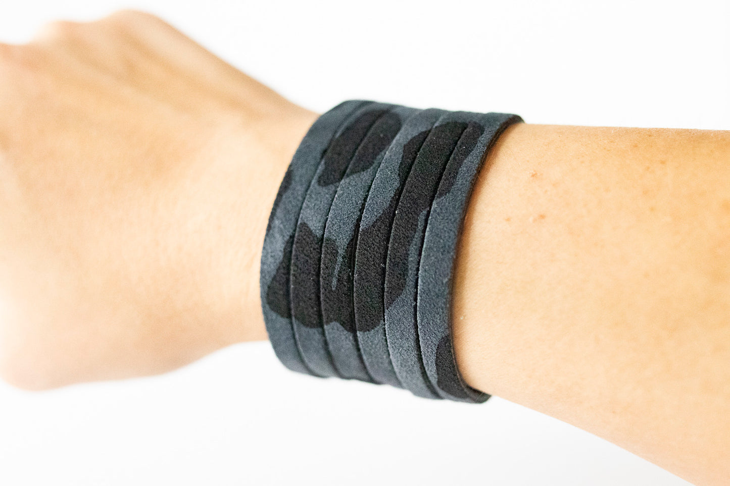 Leather Bracelet / Original Sliced Cuff / Black Leopard Suede