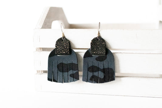 Leather Earrings / Fringies / Black Leopard Suede