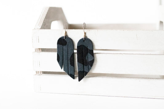 Leather Earrings / Mini Fringe / Black Leopard Suede