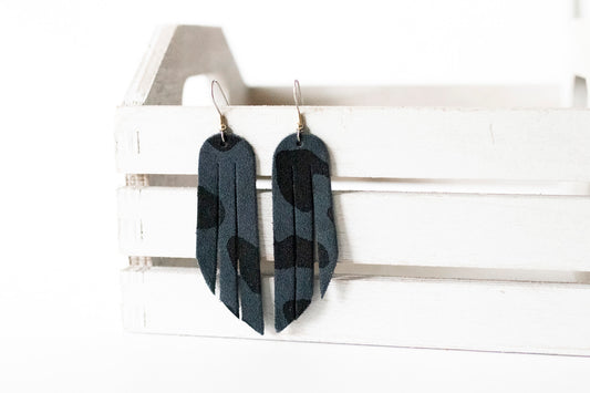 Leather Earrings / Fringe / Black Leopard Suede