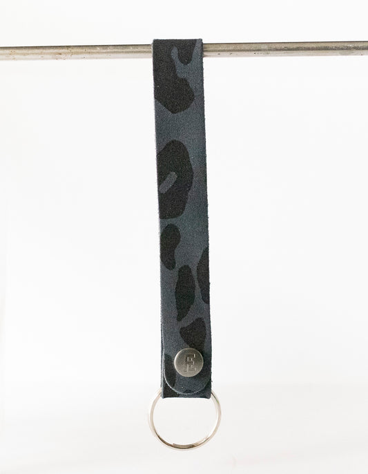 Leather Wristlet Keychain / Snap Loop / Black Leopard Suede