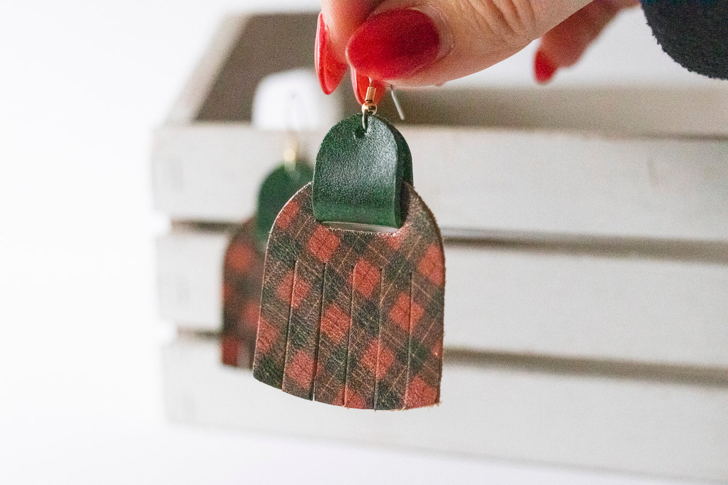 Leather Earrings / Fringies / Tartan & Smooth Pine