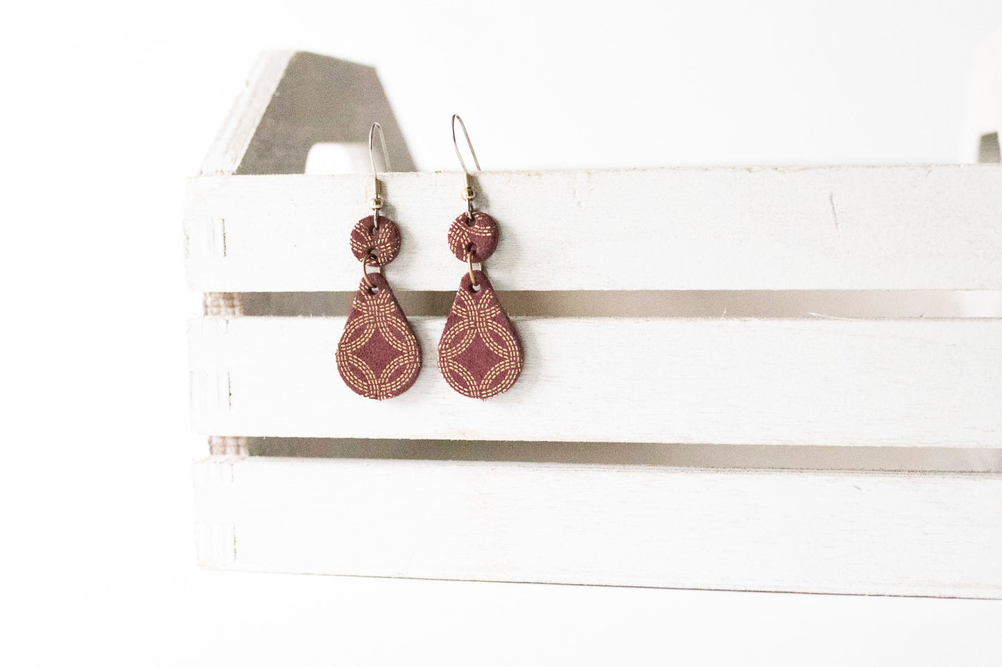 Leather Earrings / Droplets / Burgundy Sparkle