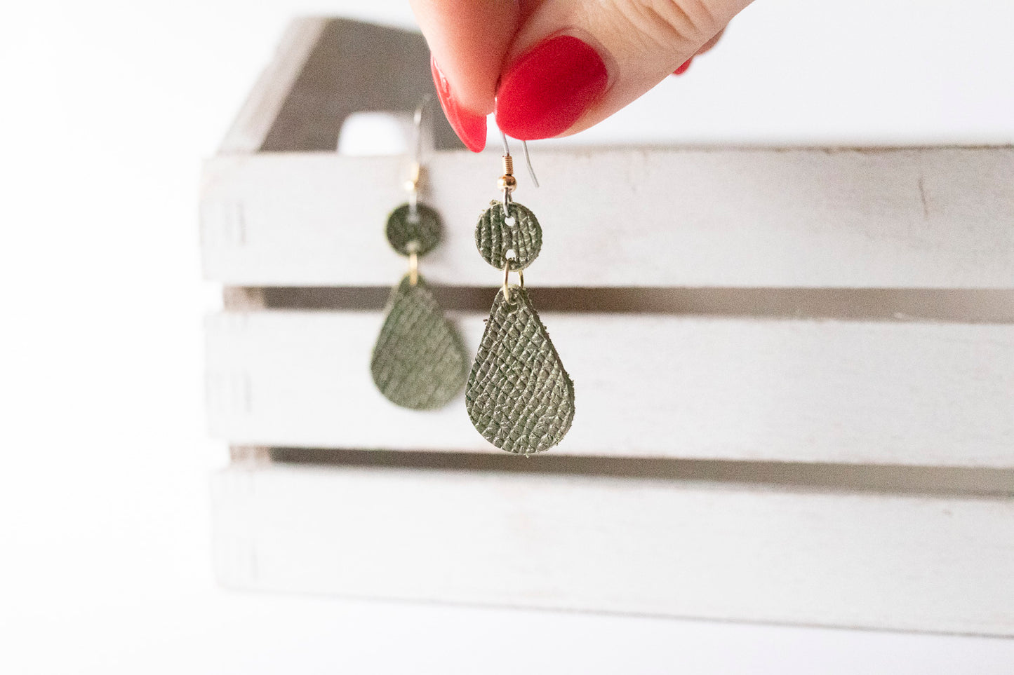 Leather Earrings / Droplets / Olive Branch