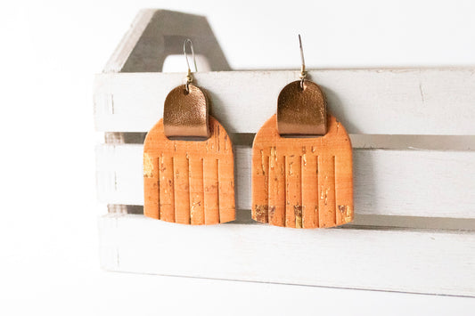 Leather Earrings / Fringies / Orange Papaya Cork & Metallic Bronze