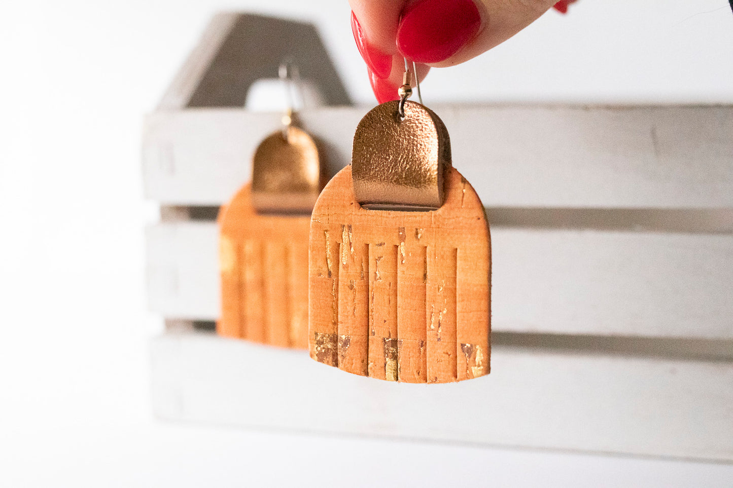 Leather Earrings / Fringies / Orange Papaya Cork & Metallic Bronze