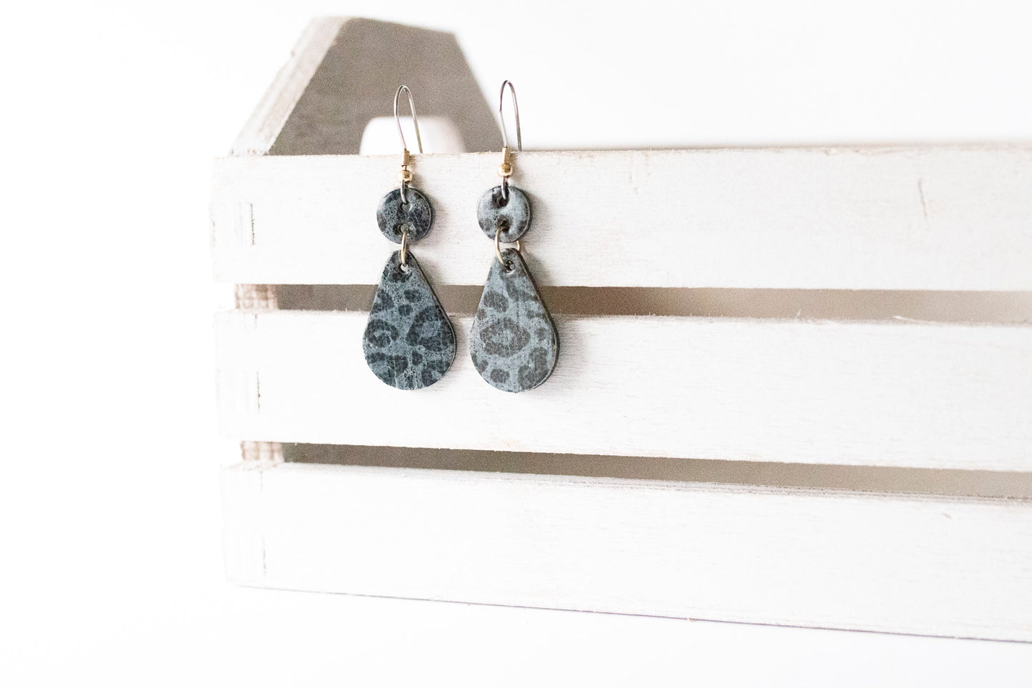 Leather Earrings / Droplets / Black Leopard Cork