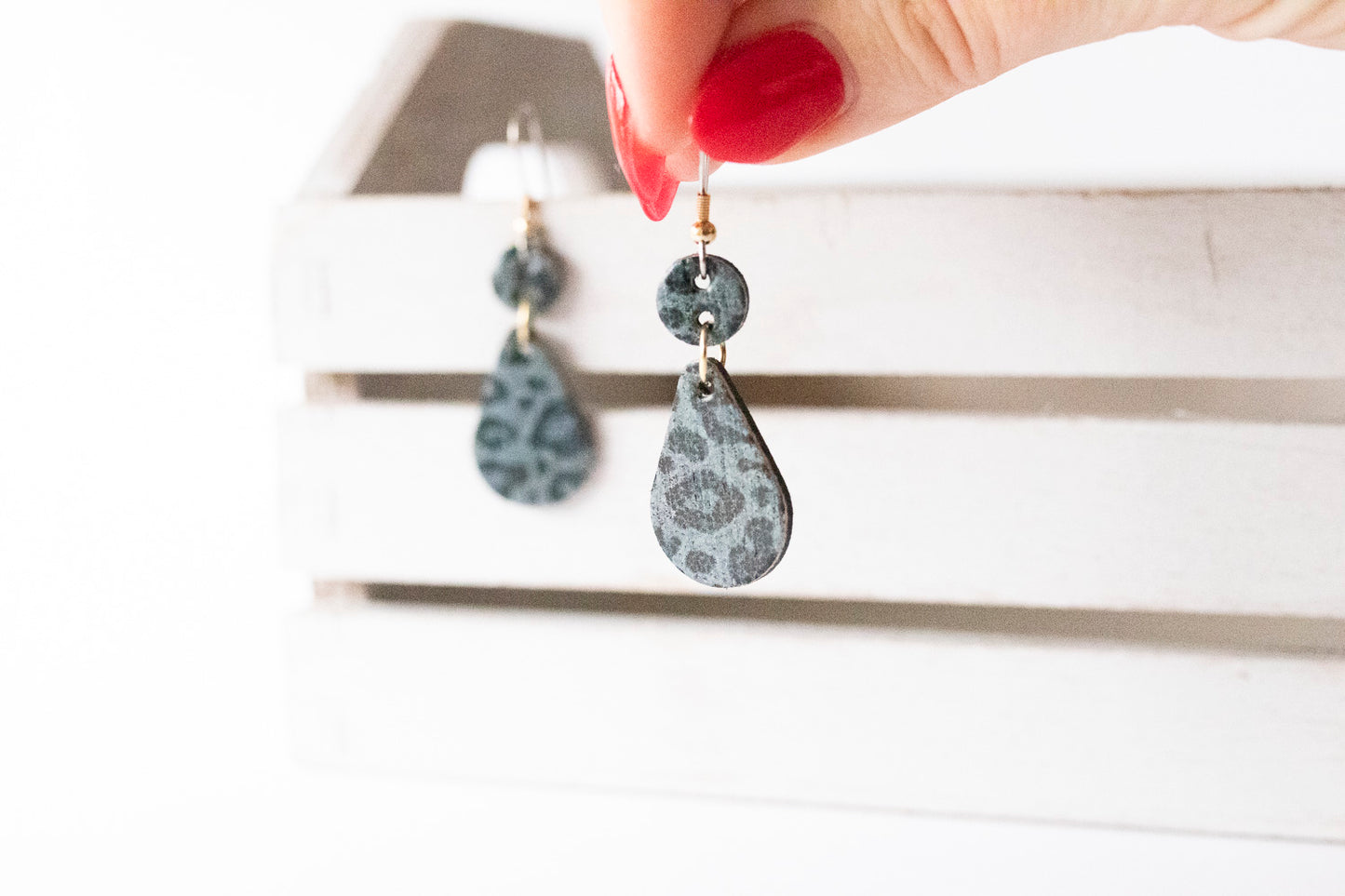Leather Earrings / Droplets / Black Leopard Cork