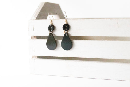 Leather Earrings / Droplets / Metallic Black