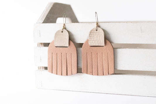 Leather Earrings / Fringies / Rose Latte & Cream Mosaic