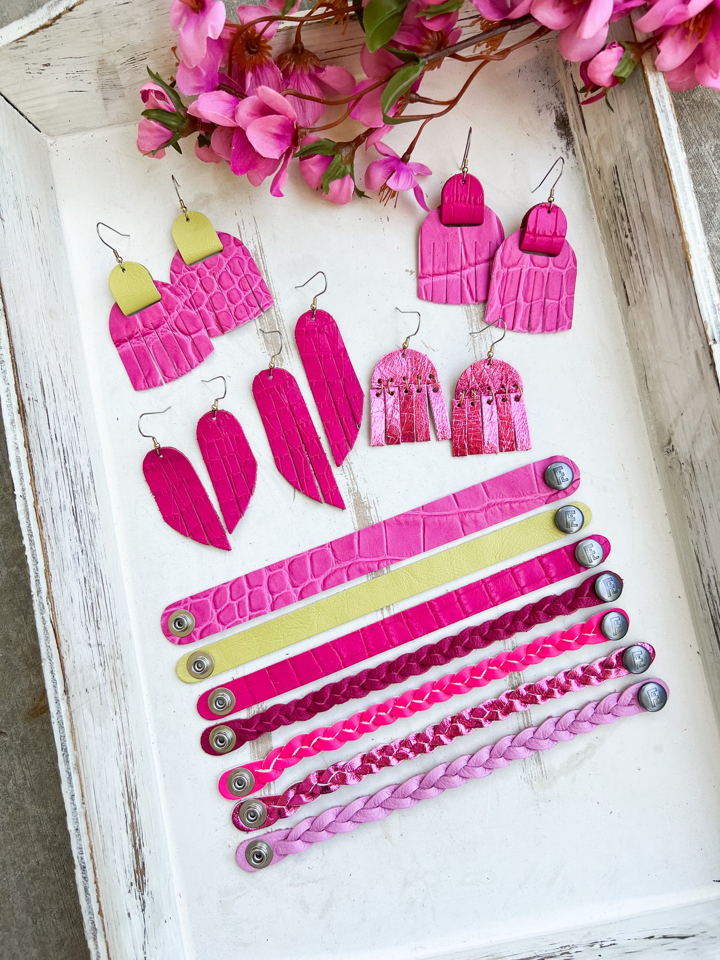 Leather Earrings / Fringies / Bubble Blush & Hot Pink Croc