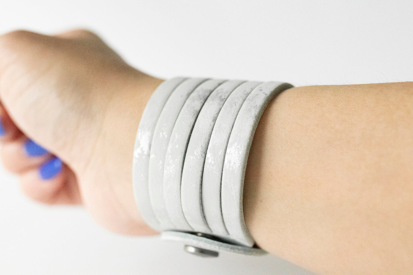 Leather Bracelet / Original Sliced Cuff / Silver Clouds