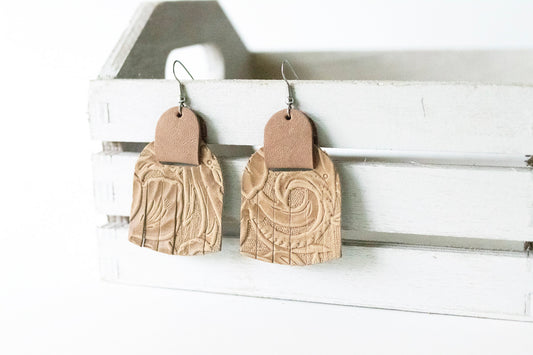 Leather Earrings / Fringies / Western Floral & Rose Latte