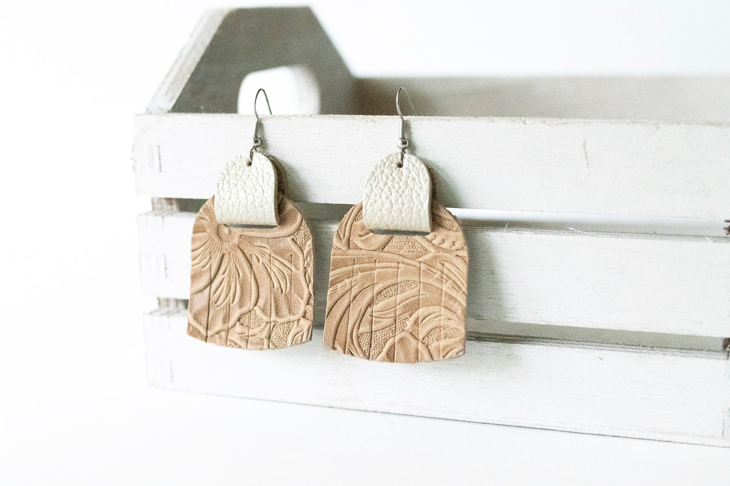 Leather Earrings / Fringies / Western Floral & Ice White Shimmer