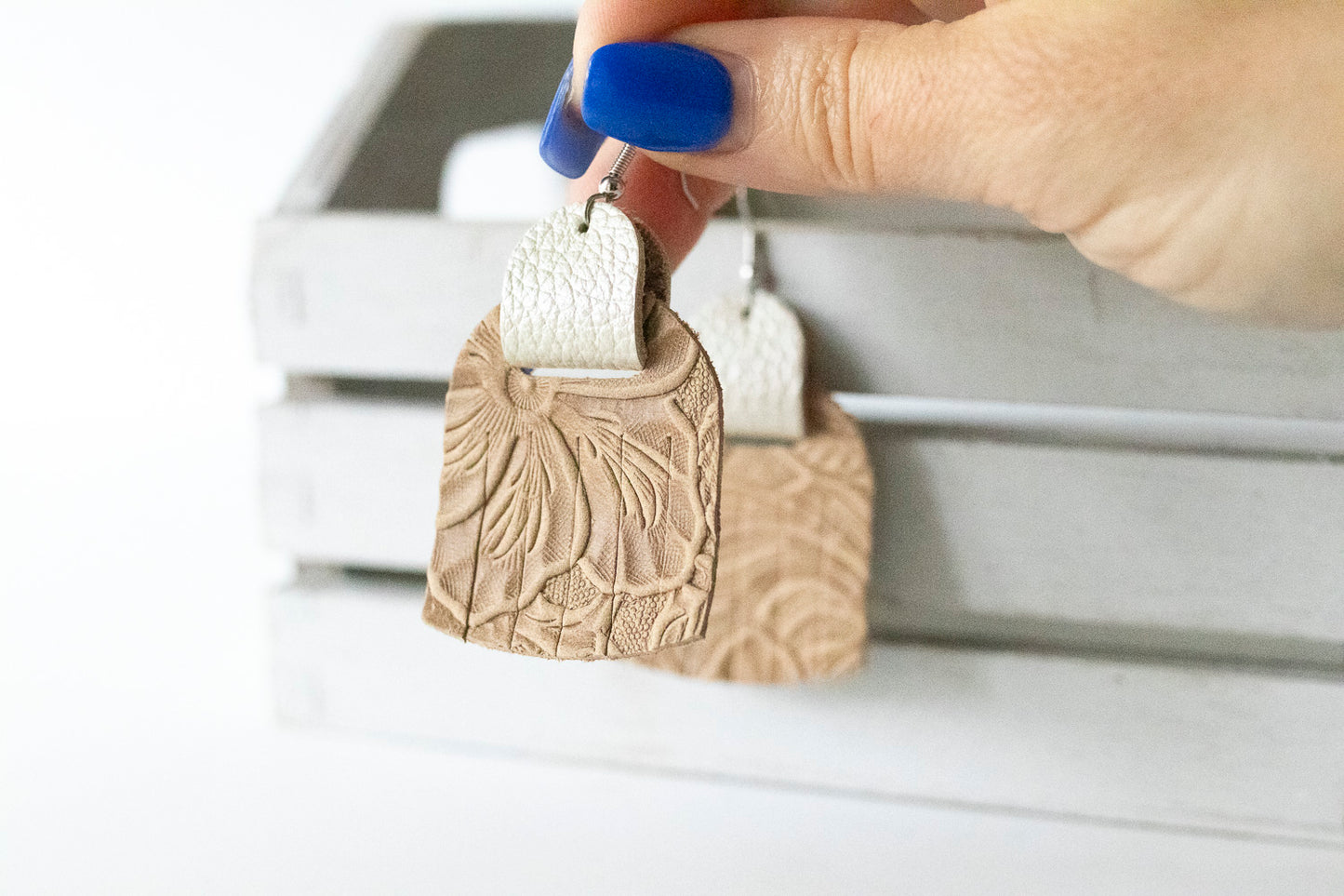 Leather Earrings / Fringies / Western Floral & Ice White Shimmer