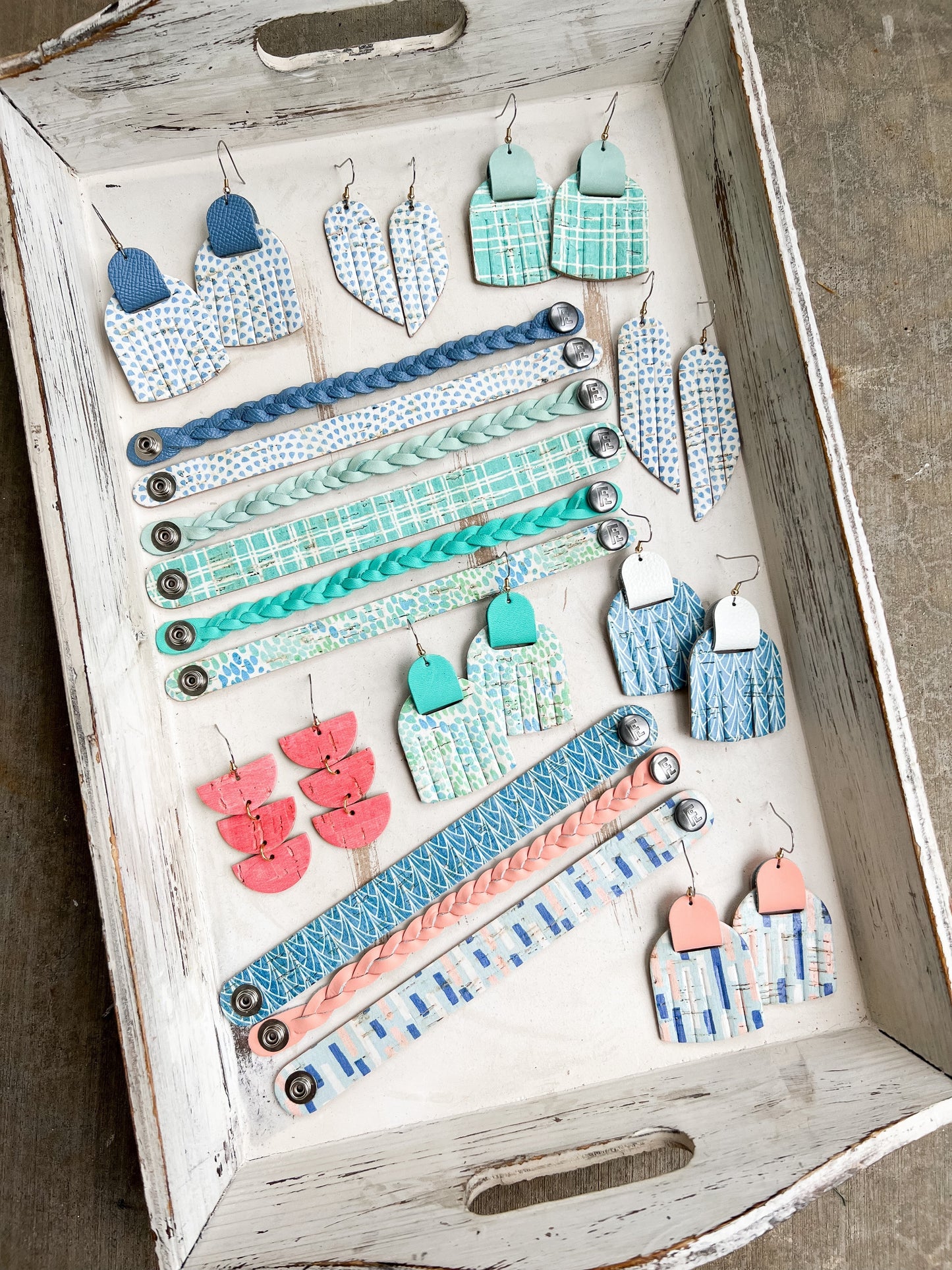 Leather Earrings / Fringies / Beach Boardwalk Cork & Cool Mint