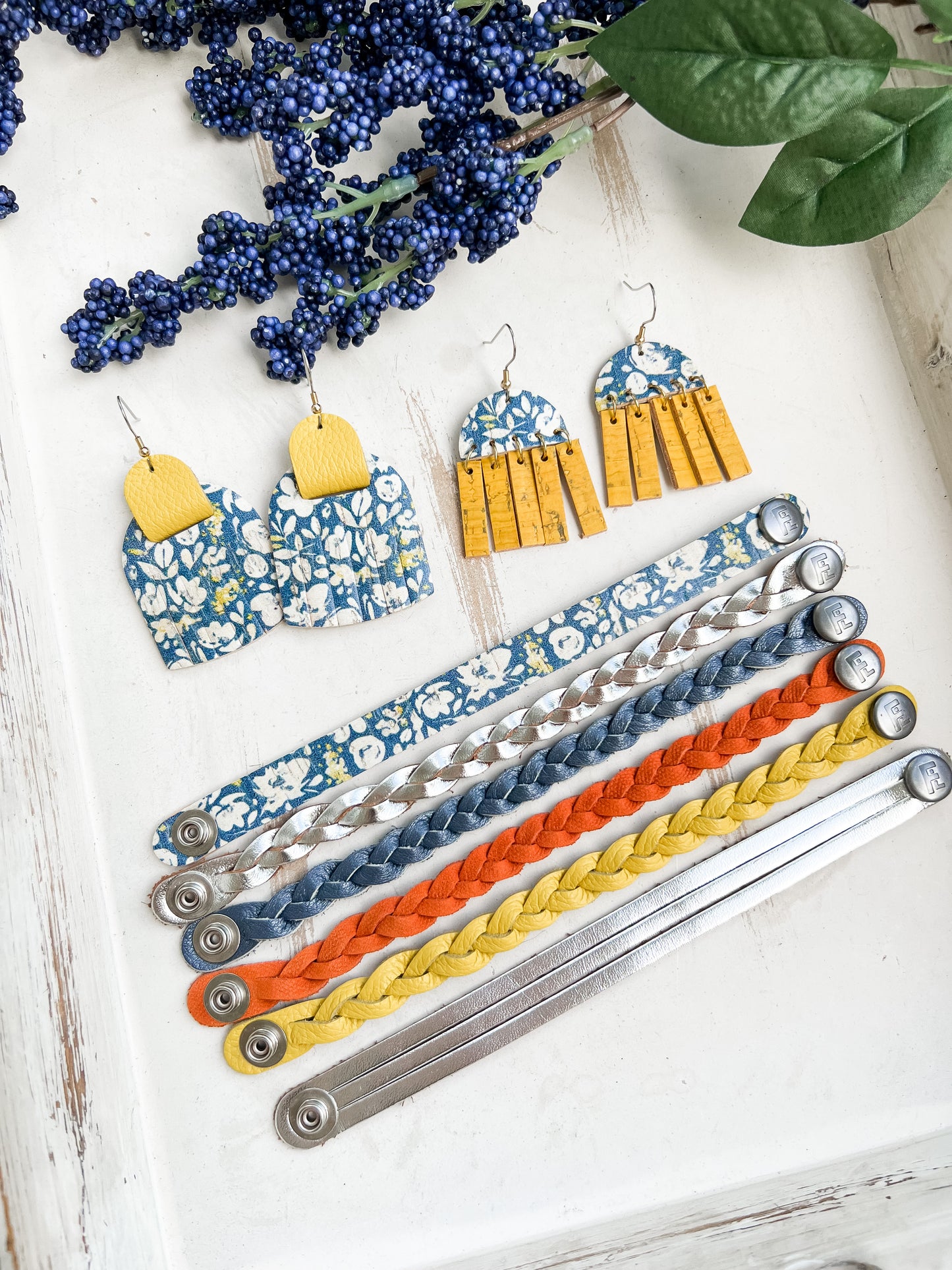Leather Earrings / Fringies / Navy Poppies Cork & Meyer Lemon