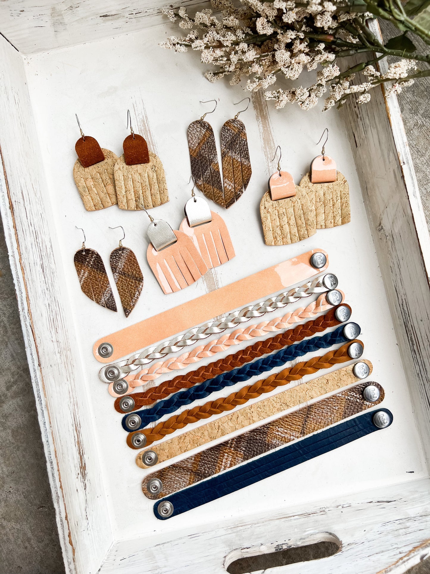 Leather Earrings / Fringies / Peach Orchard & Metallic Platinum