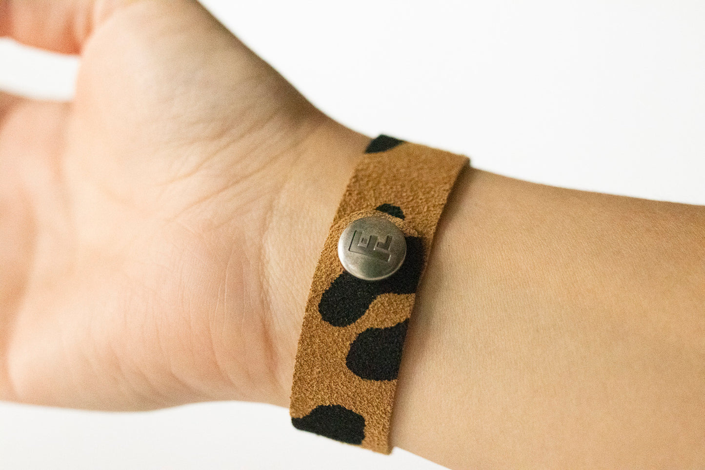 Leather Bracelet / Slim Cuff / Tan Leopard Suede