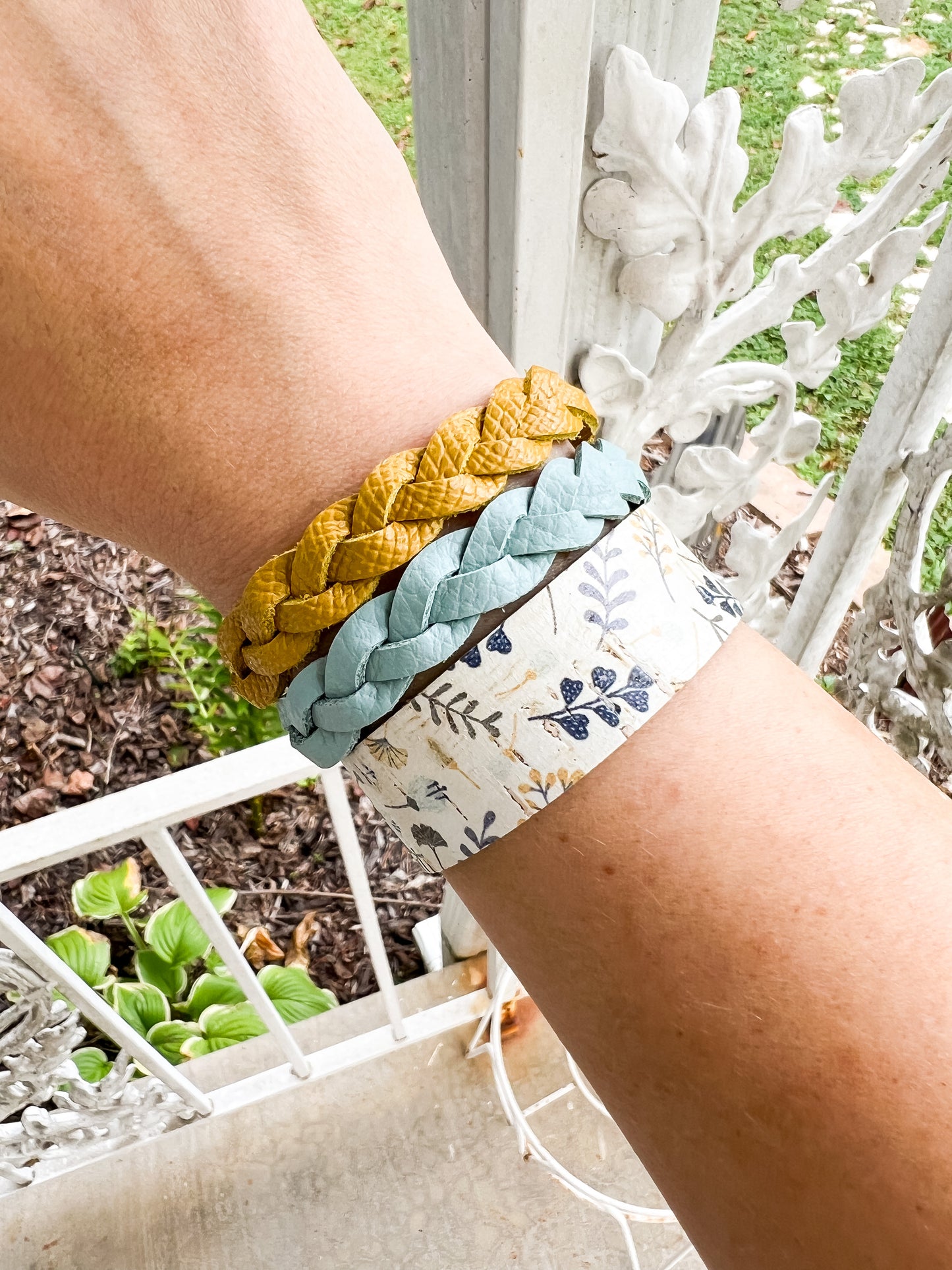 Leather Bracelet / Slim Cuff / Cottage Floral Cork