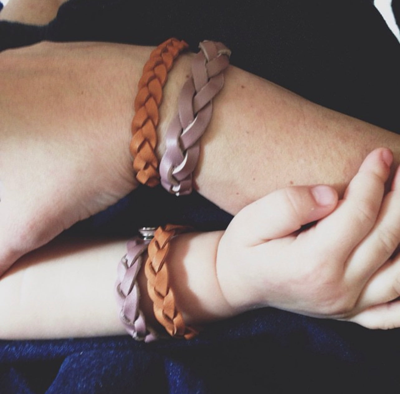 Braided Leather Bracelet / Navy Dots