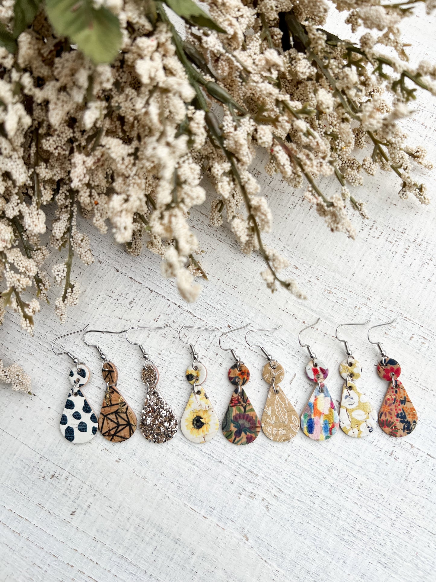 Leather Earrings / Droplets / Wild Rainforest Cork