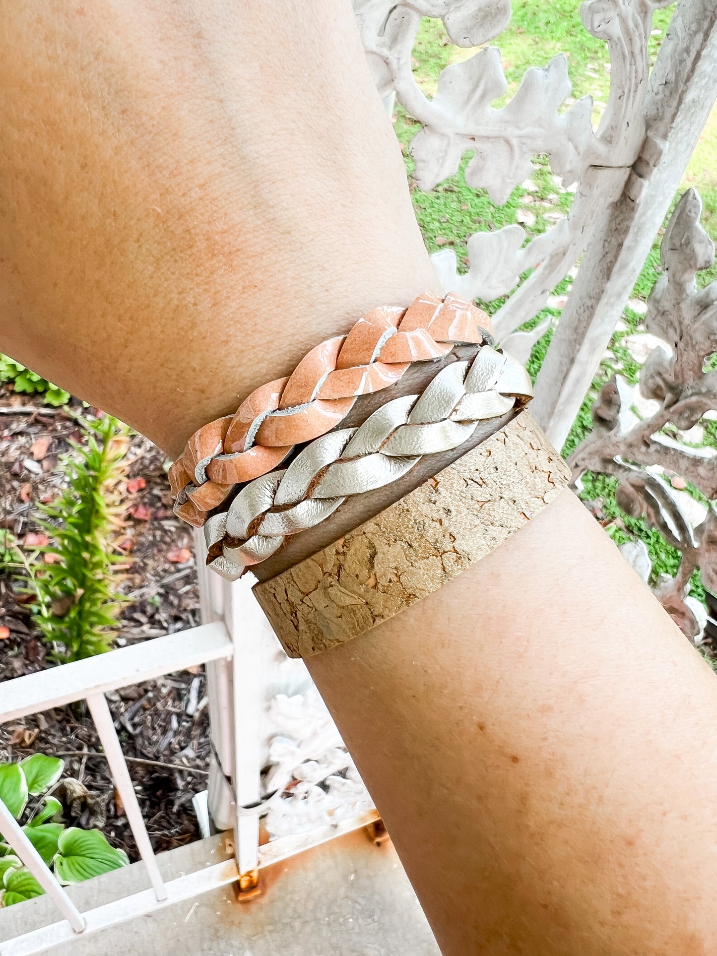 Braided Leather Bracelet / Metallic Platinum