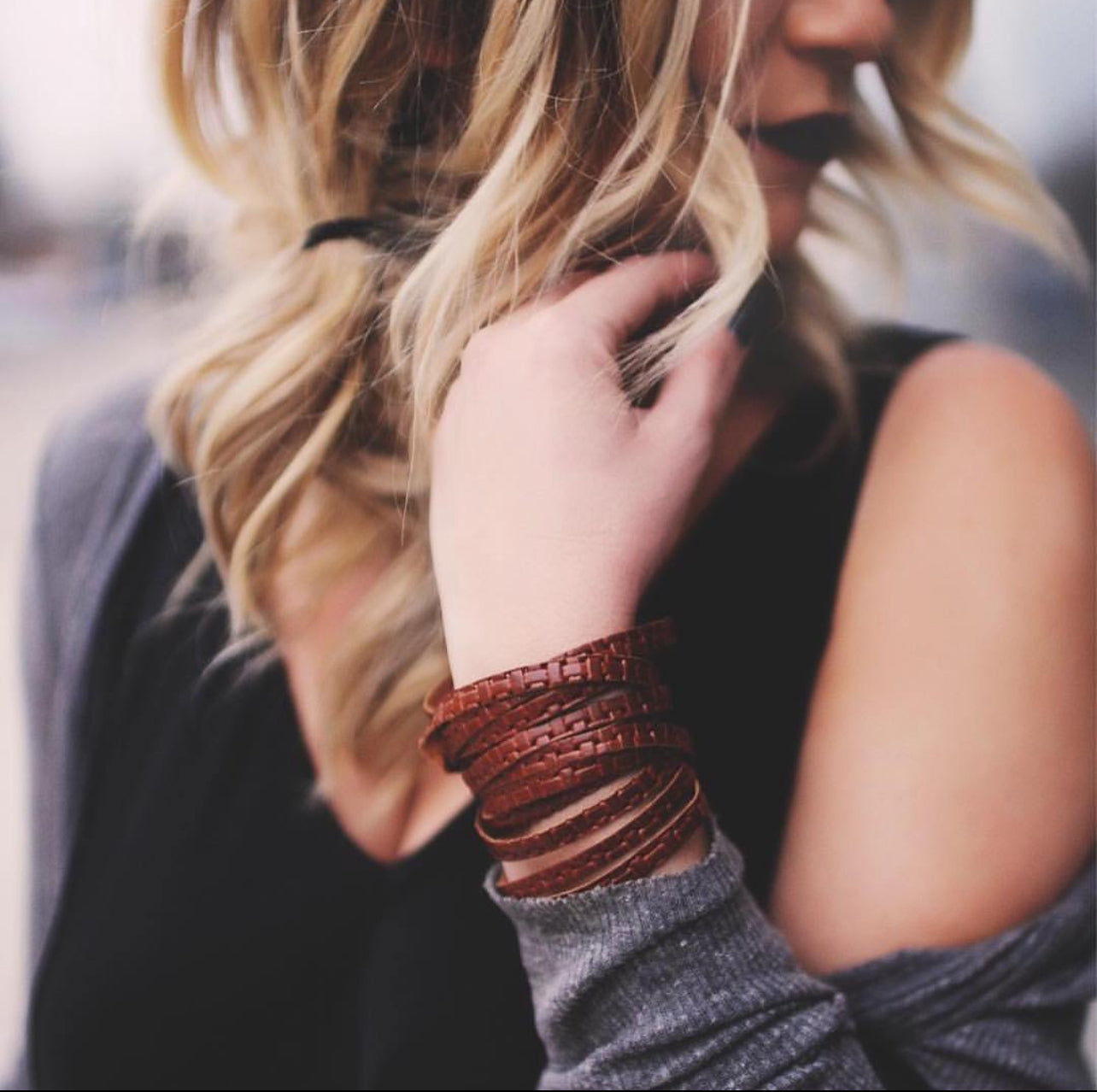 Leather Bracelet / Original Sliced Wrap Cuff / Antique Pewter