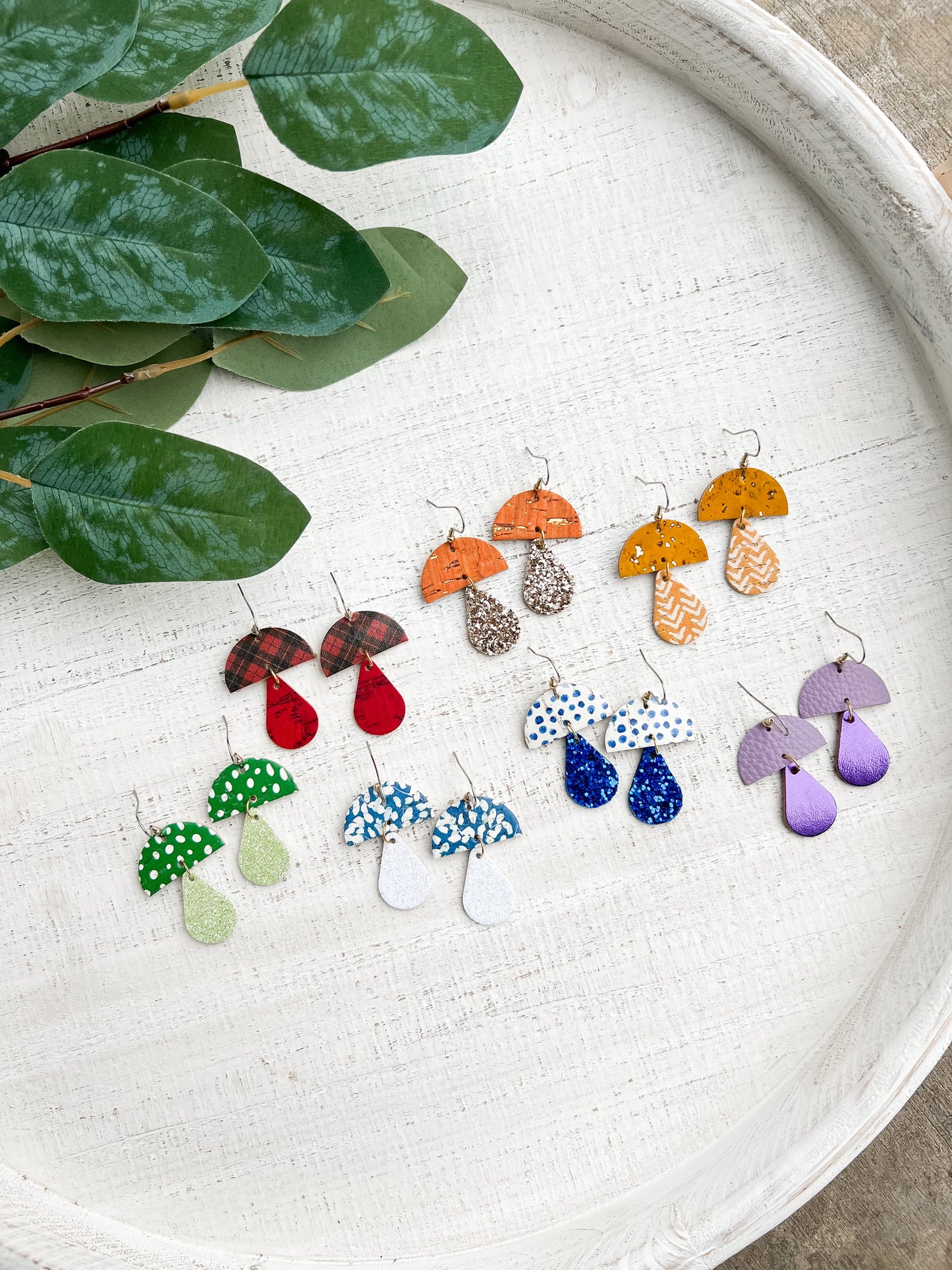 Leather Earrings / Mushrooms / Snow Sparkle