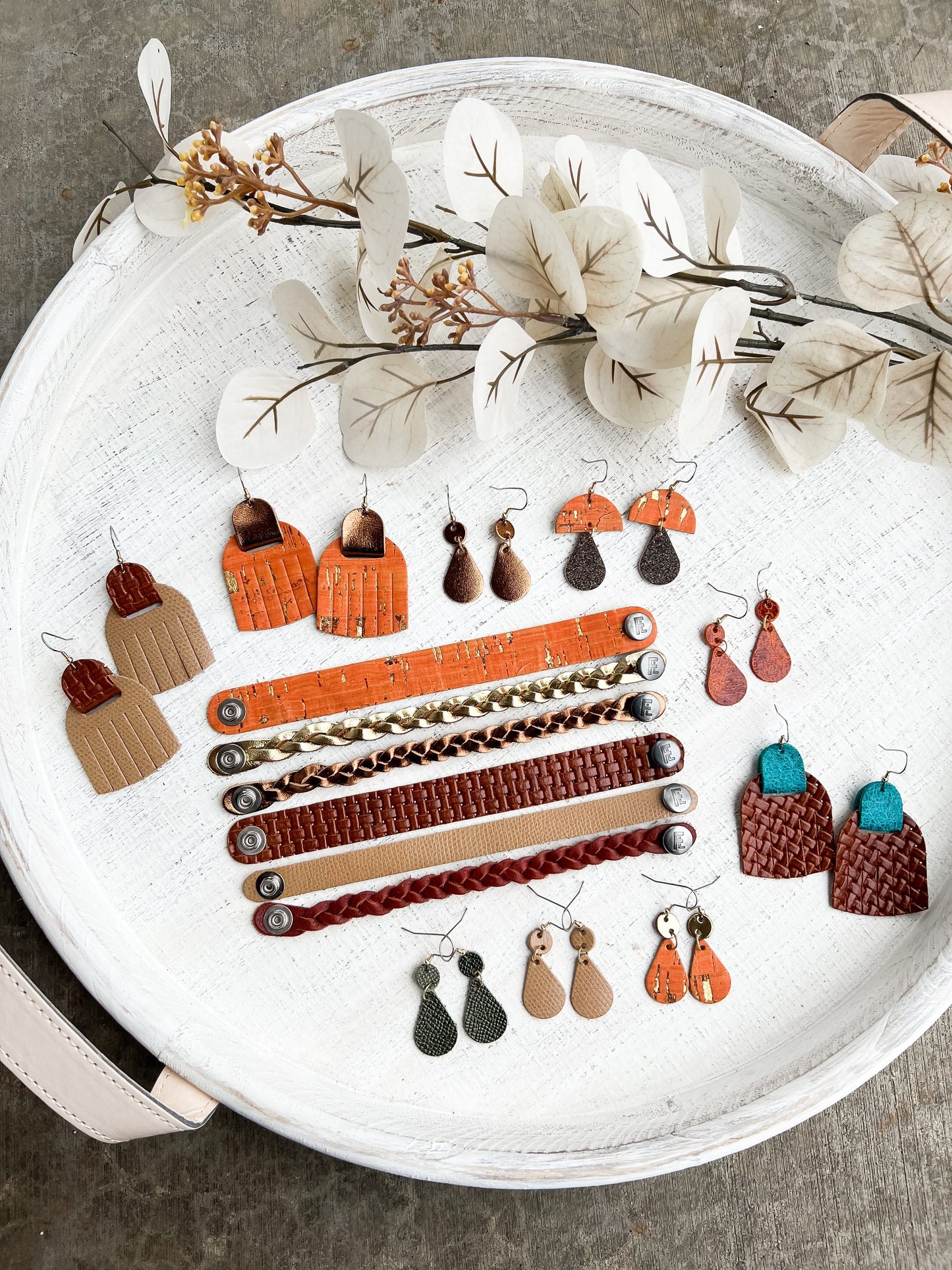 Leather Earrings / Fringies / Orange Papaya Cork & Metallic Bronze