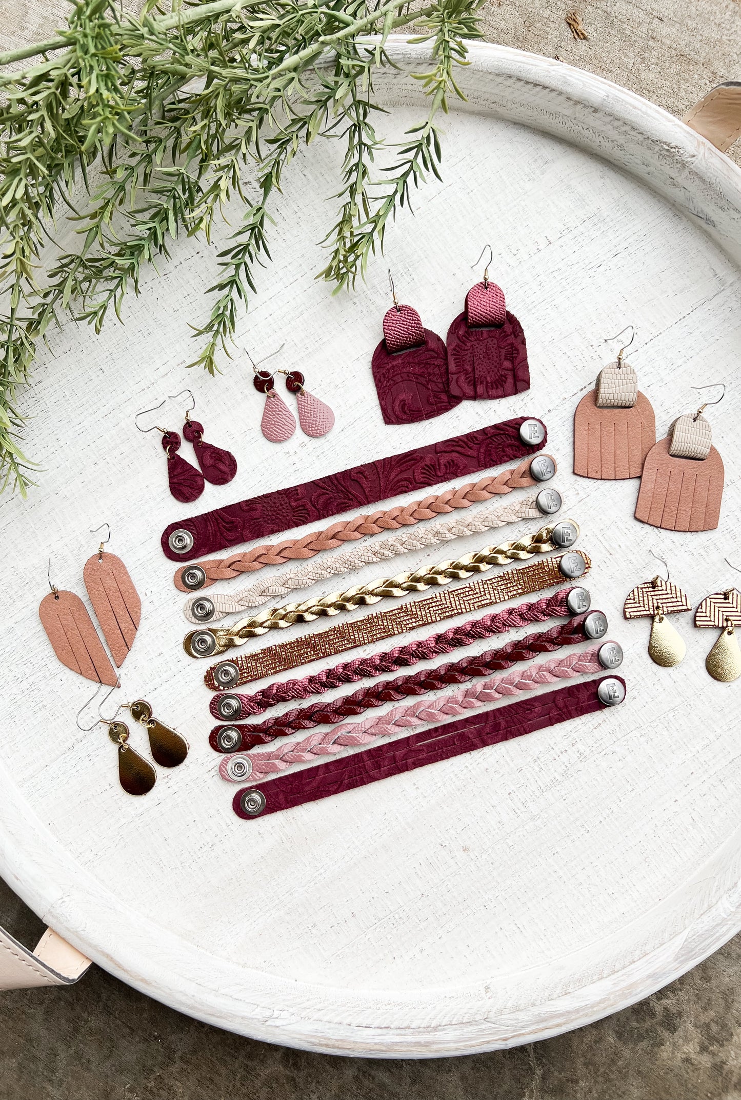 Leather Earrings / Fringies / Rose Latte & Cream Mosaic