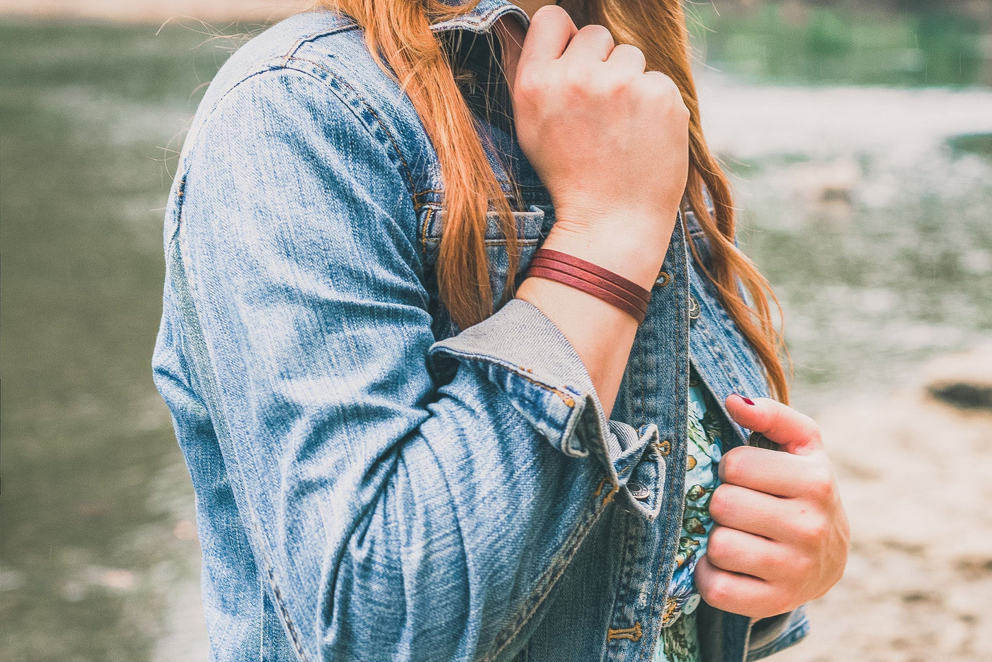 Leather Bracelet / Ultra Skinny Sliced Cuff / Sparkle Sky