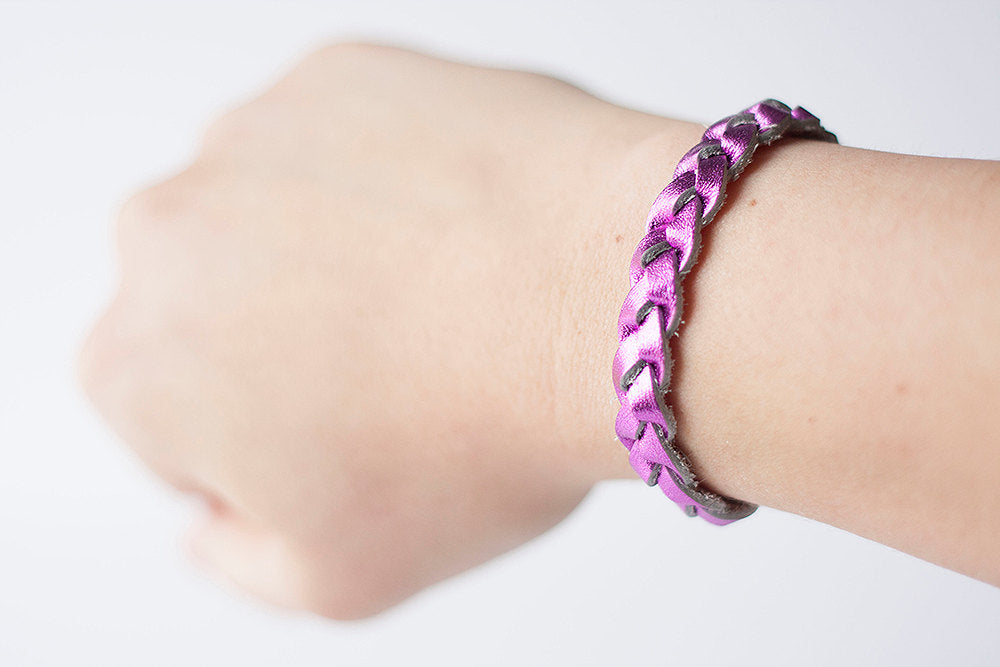 Braided Leather Bracelet / Japanese Pink