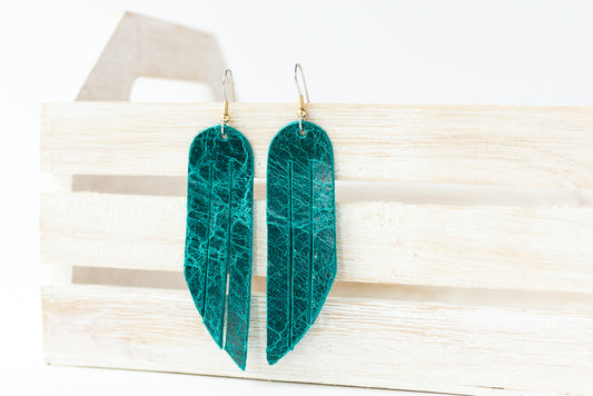 Leather Earrings / Fringe / Vintage Teal