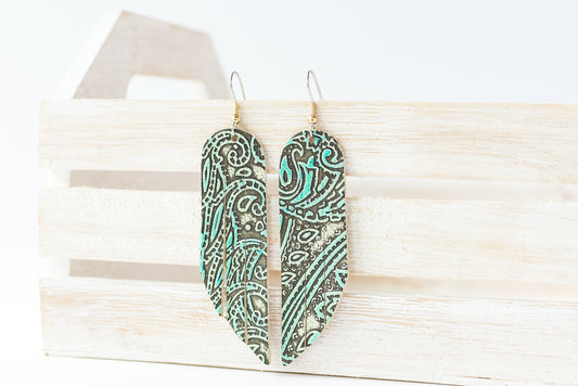 Leather Earrings / Fringe / Paisley Turquoise
