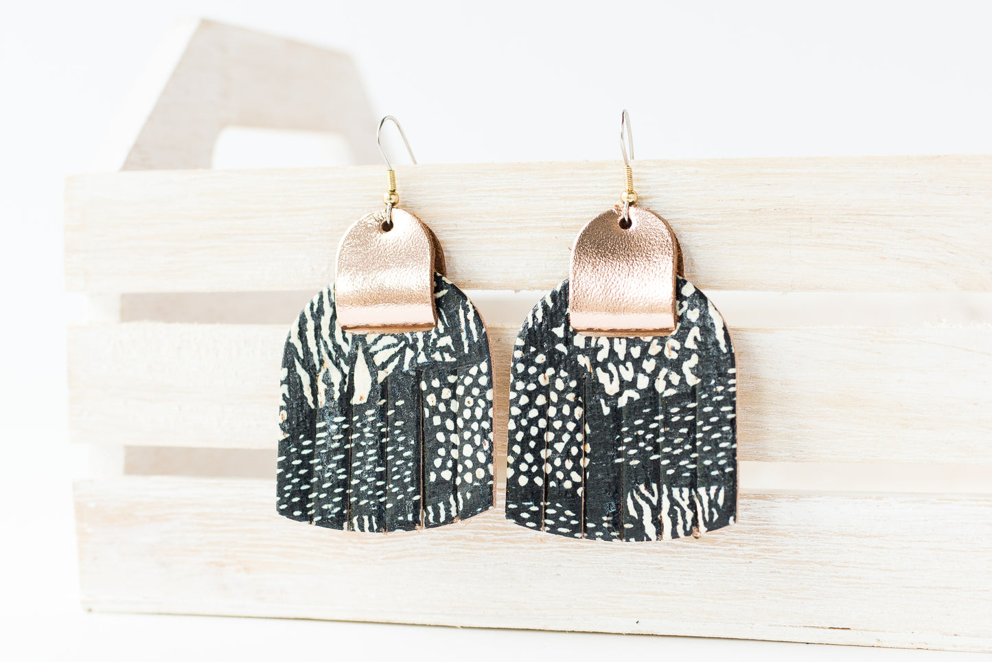Leather Earrings / Fringies / Black Random Cork & Metallic Rosegold