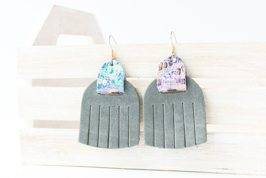 Leather Earrings / Fringies / Nubuck Gray & Woven Oil Spill