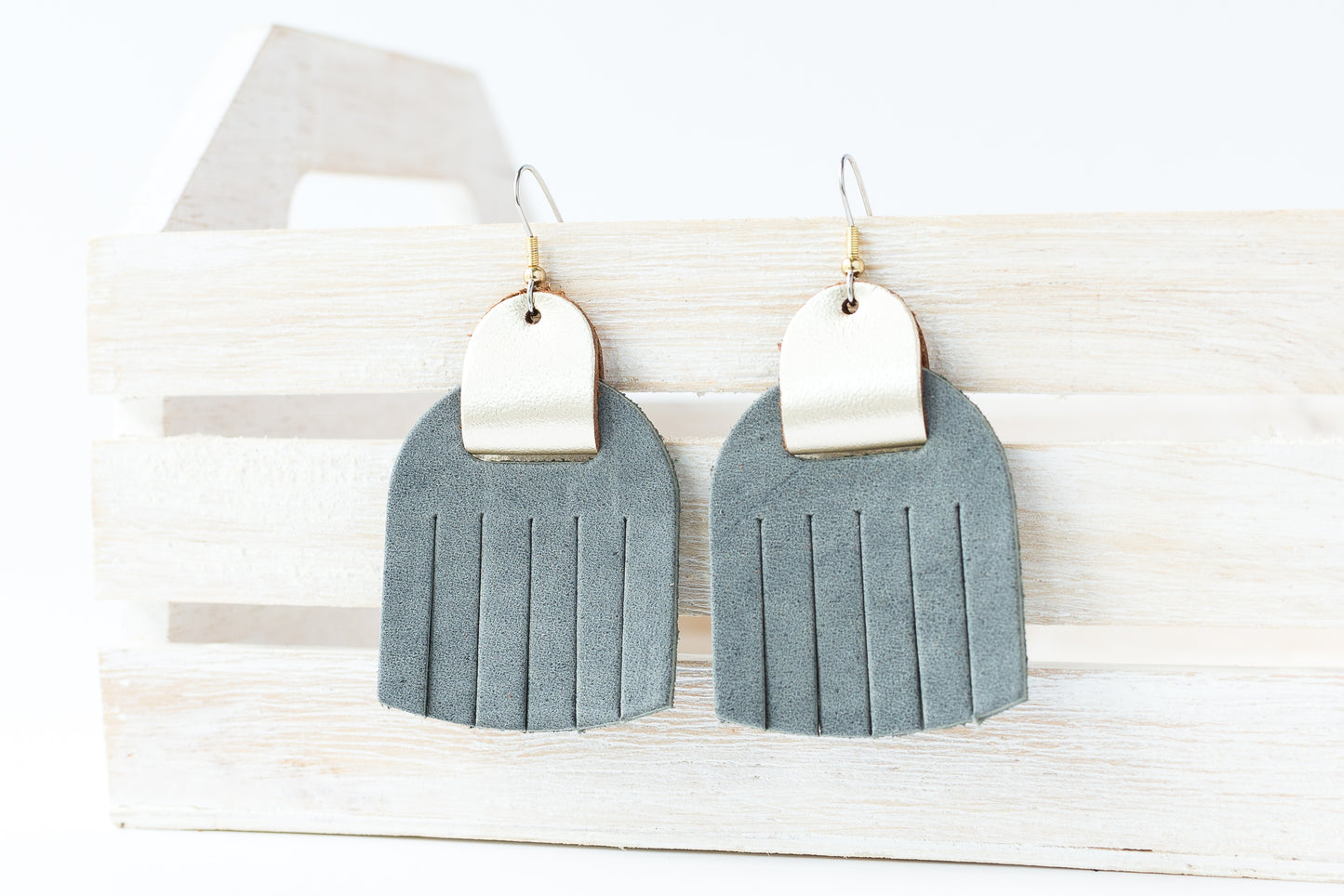 Leather Earrings / Fringies / Nubuck Gray & Metallic Platinum